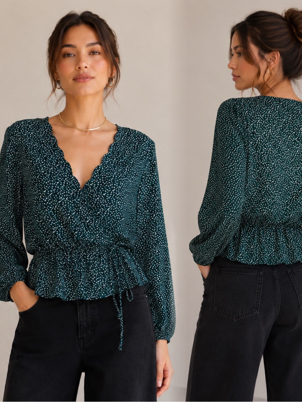 nine britton Teal Spot Scalloped V-Neck Peplum Blouse